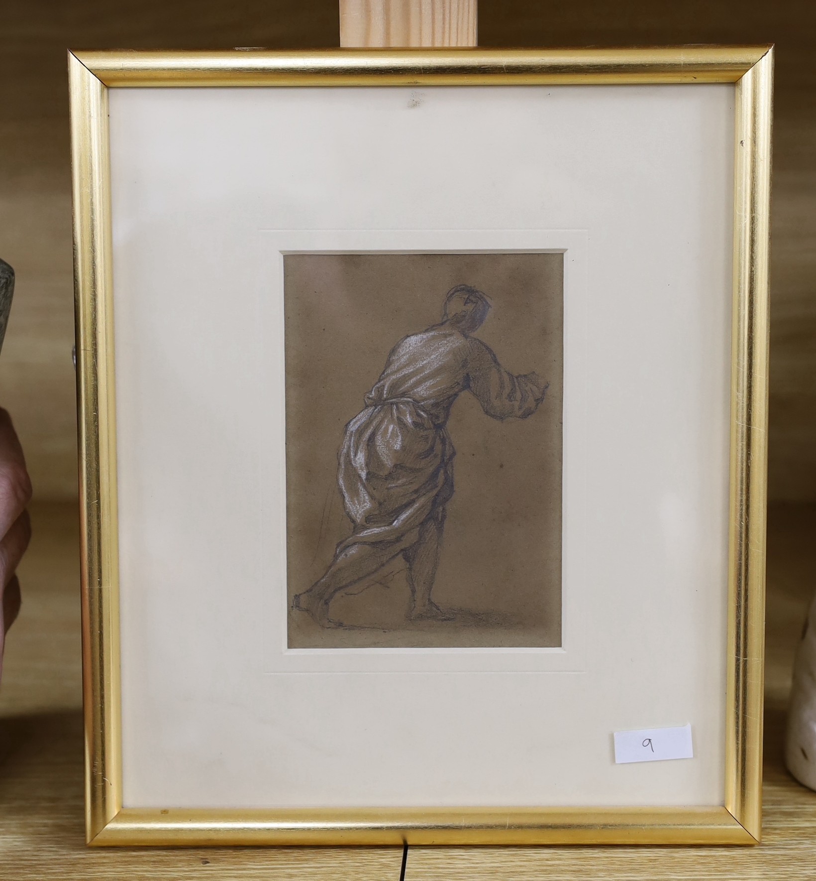 Henry Wallis RWS (1830- 1916), pencil and chalk sketch, Study of a figure in drapery; verso pencil sketch, semi-nude figure study, provenance label, both 13 x 9cm
